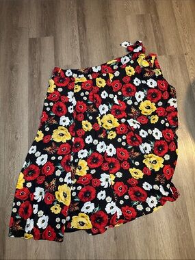 Floral Wrap Skirt in Black with Red, Yellow & White Flowers